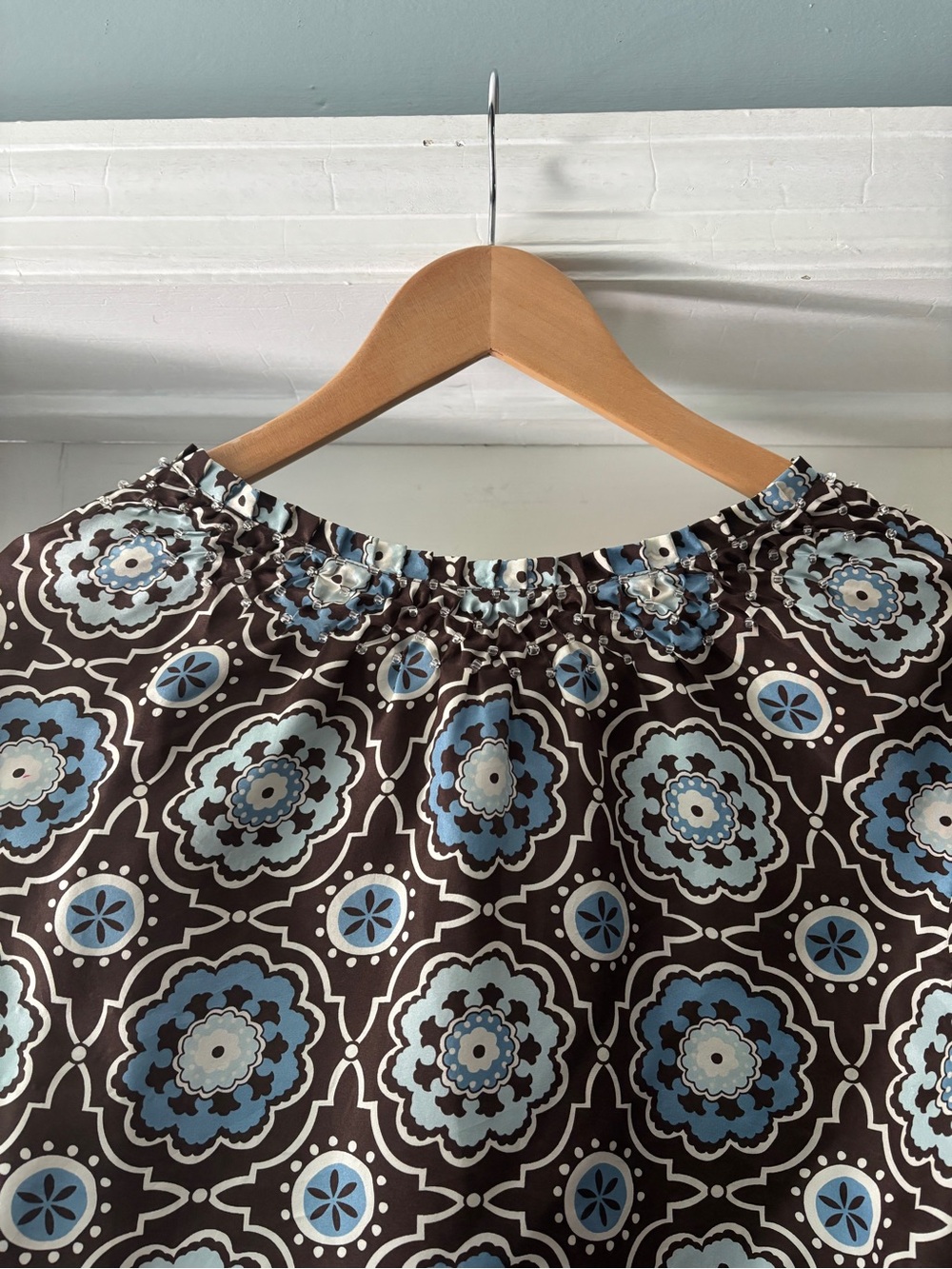 Tory Burch Silk Triple Tie Blouse Moroccan Print Brown Blue Size 2 - Picture 10 of 15